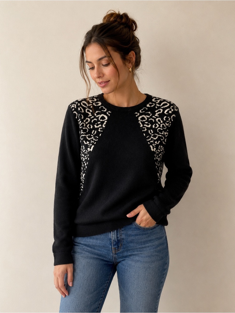 Black Sweater with Leopard Contrast Panels
